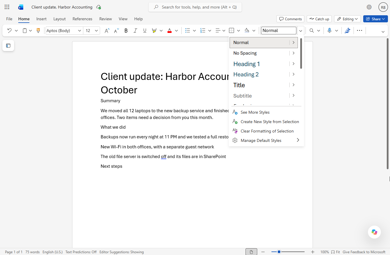 Word for the web Styles list open with the cursor in the Summary line