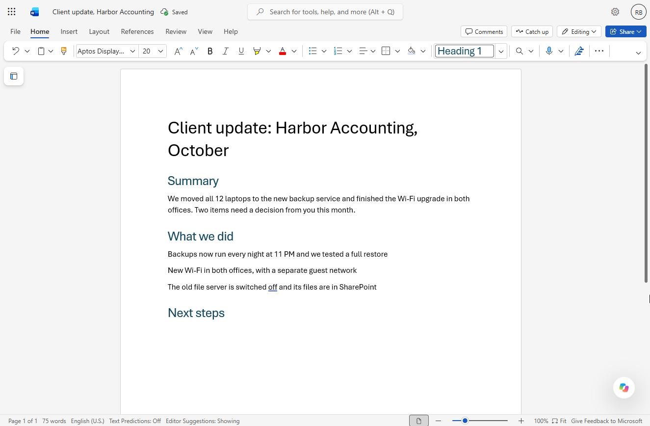 The client update with a title and three blue Heading 1 sections: Summary, What we did and Next steps