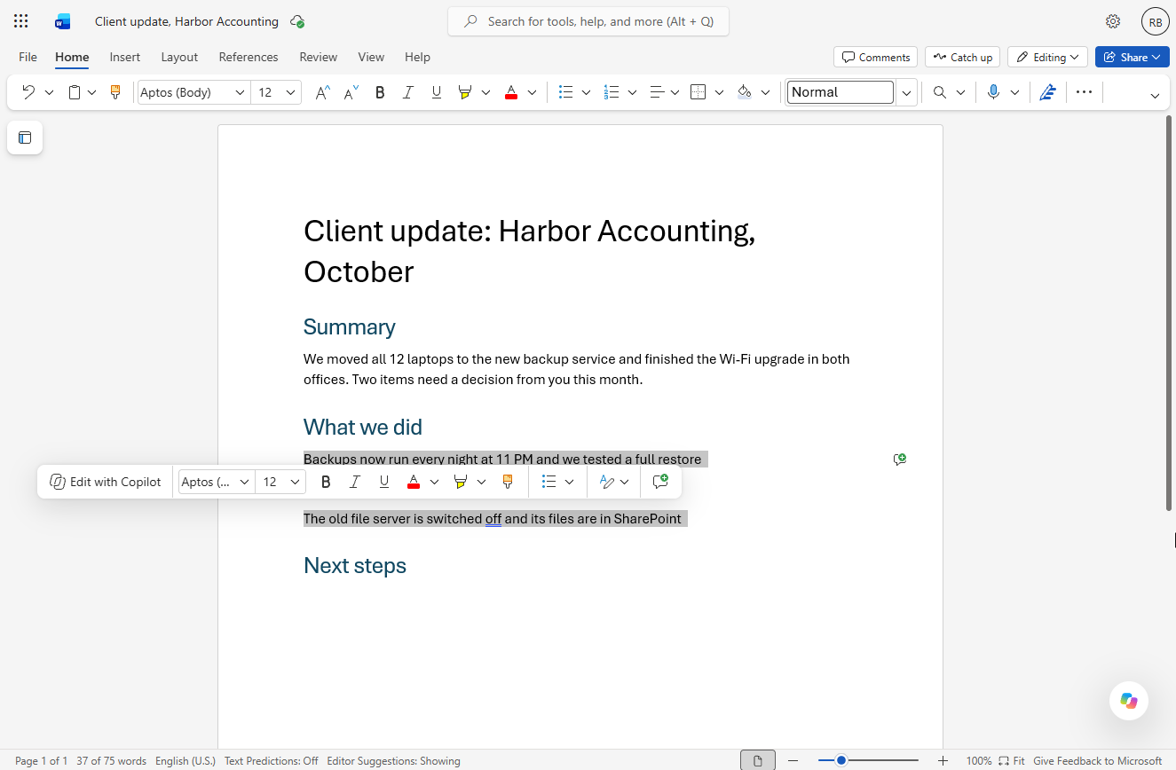 Three lines under What we did selected, with the floating Edit with Copilot toolbar