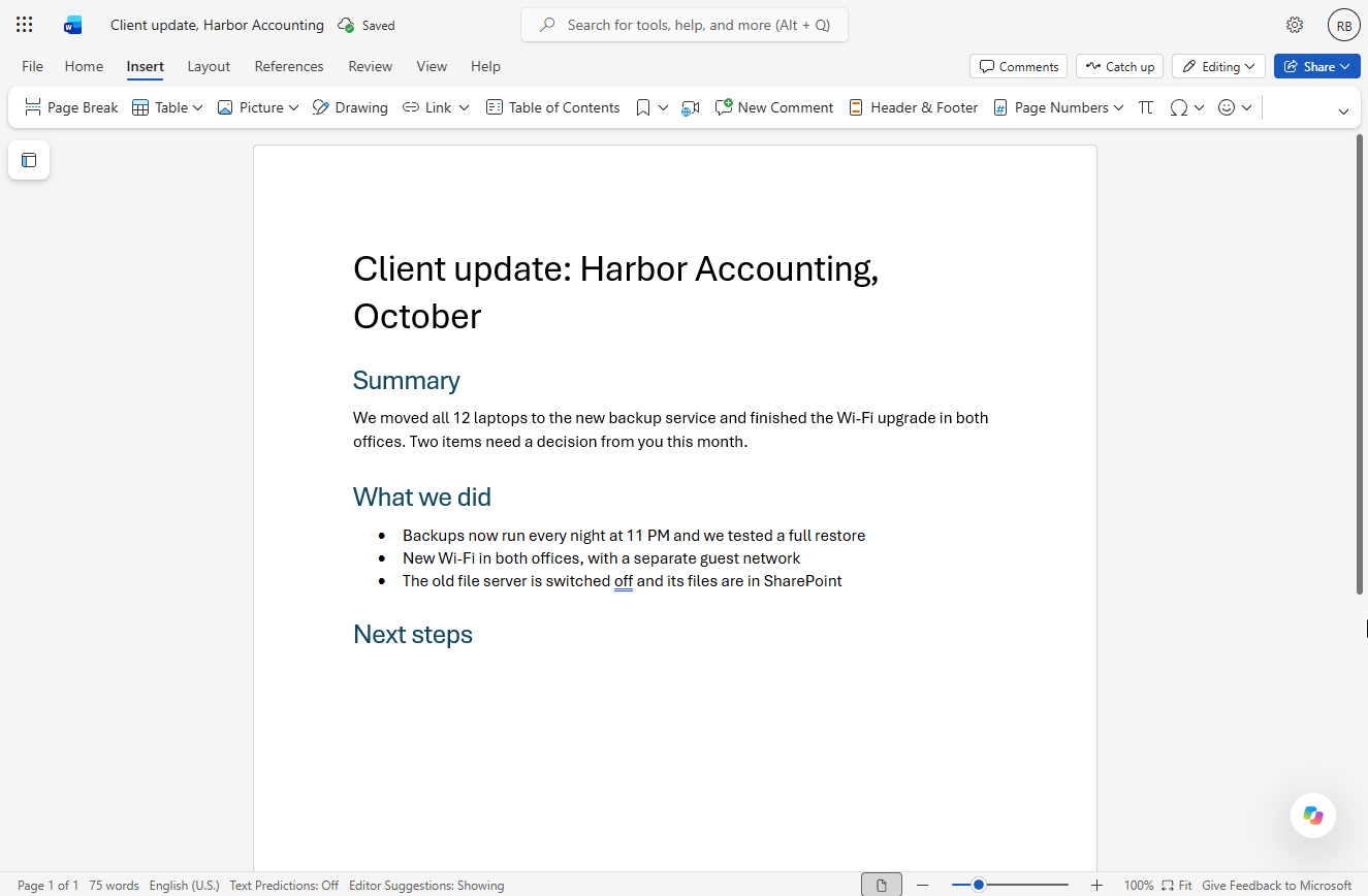 Word for the web Insert tab with Table, Picture, Link and New Comment
