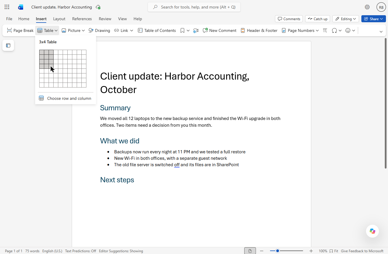 Word for the web Insert Table grid showing 3x4 Table