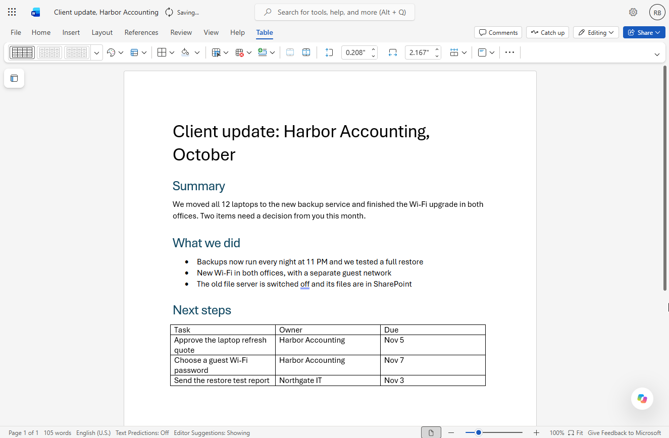 Next steps table with Task, Owner and Due for three tasks, and the Table tab open