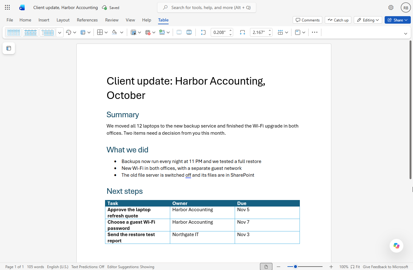 The next steps table in a Grid Table style with a dark header row