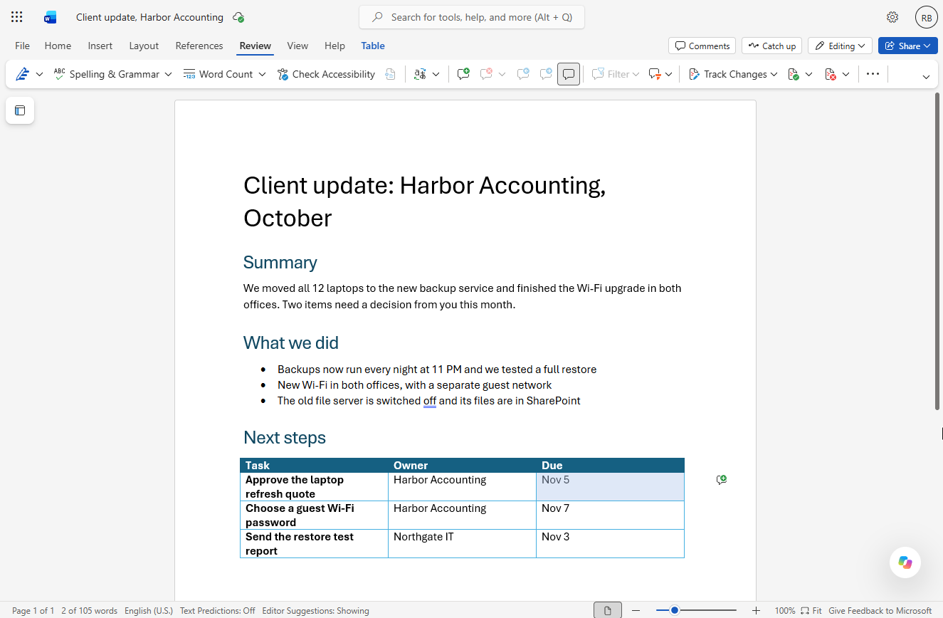 Word for the web Review tab with Nov 5 selected in the table