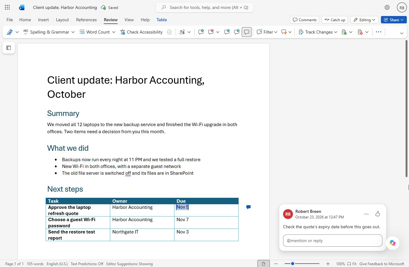 The finished one-page client update with a posted comment on the Nov 5 due date