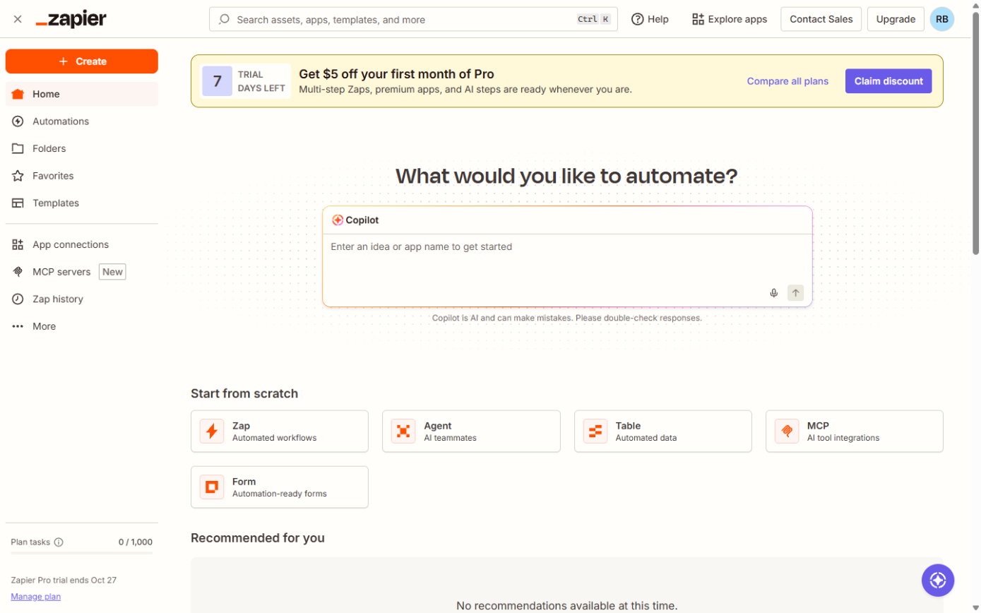 Zapier home page with Zap under Start from scratch