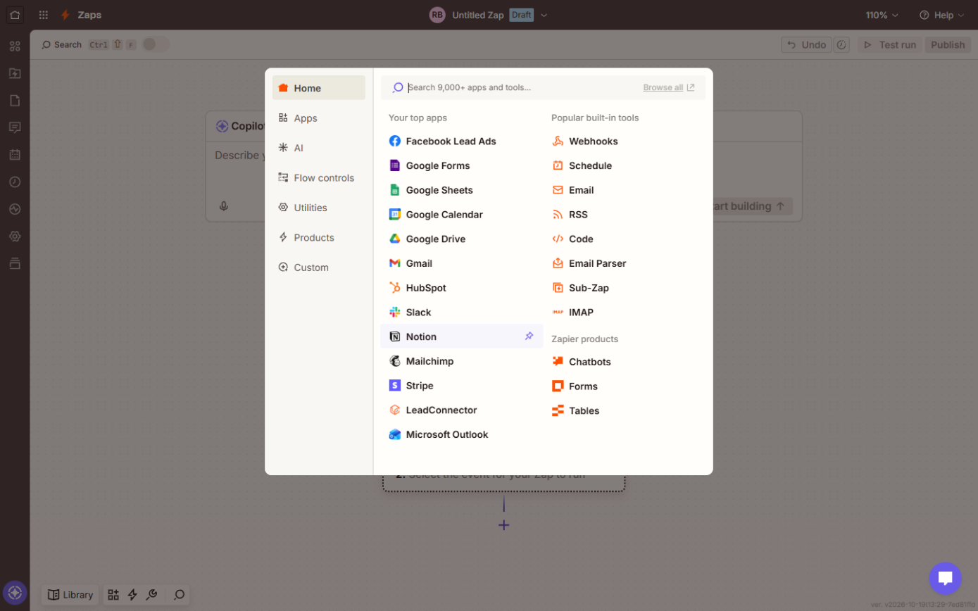 Zapier app picker with the Search 9,000+ apps and tools box
