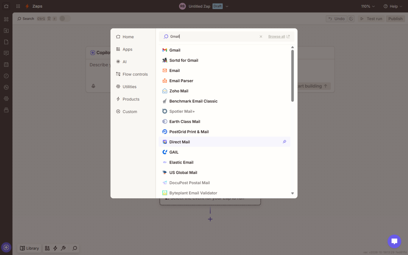 Zapier app search for Gmail with Gmail as the first result