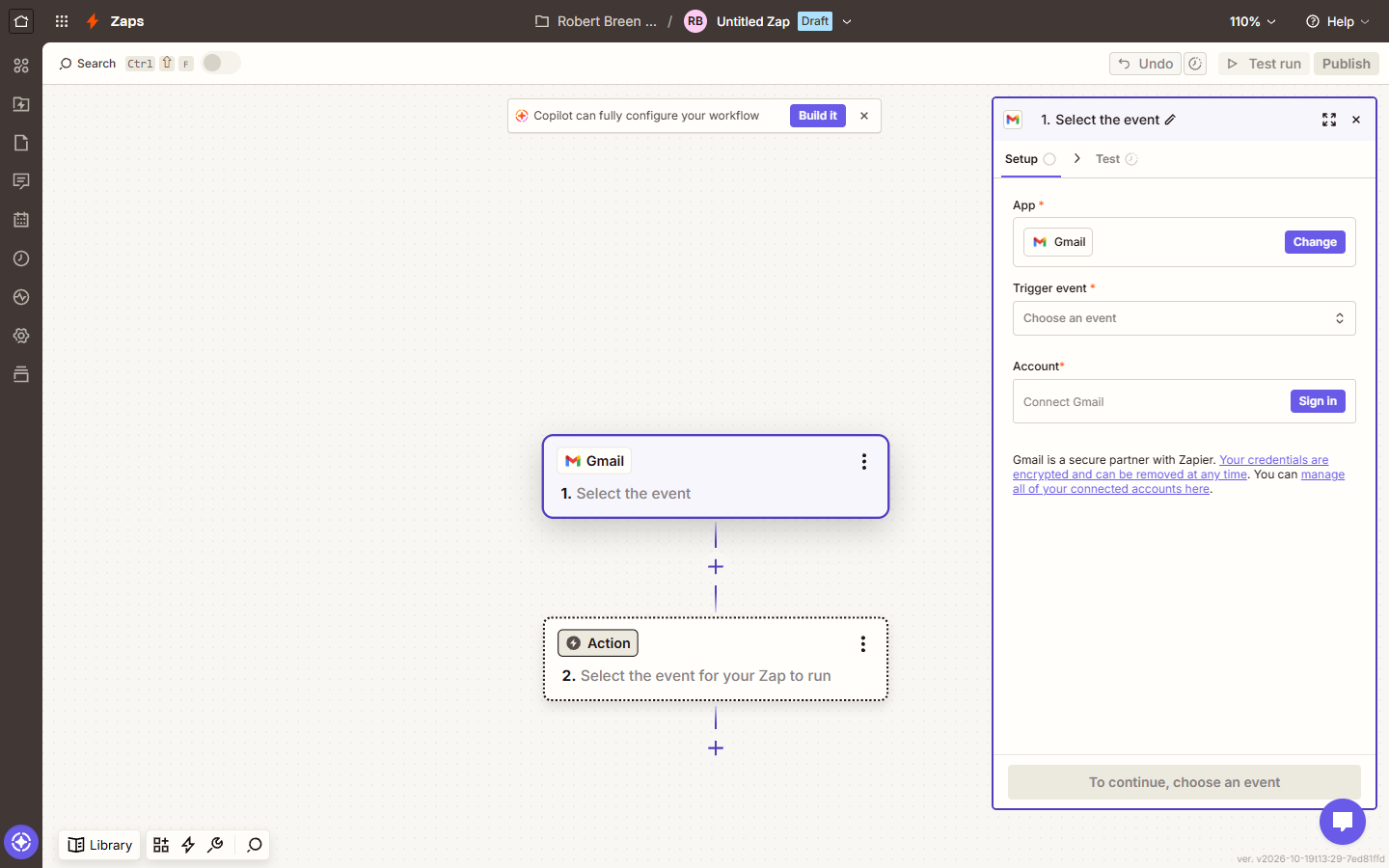 Gmail trigger step panel in Zapier with Trigger event and Account