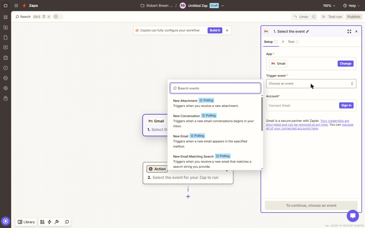 Gmail trigger events in Zapier: New Attachment, New Conversation, New Email, all Polling