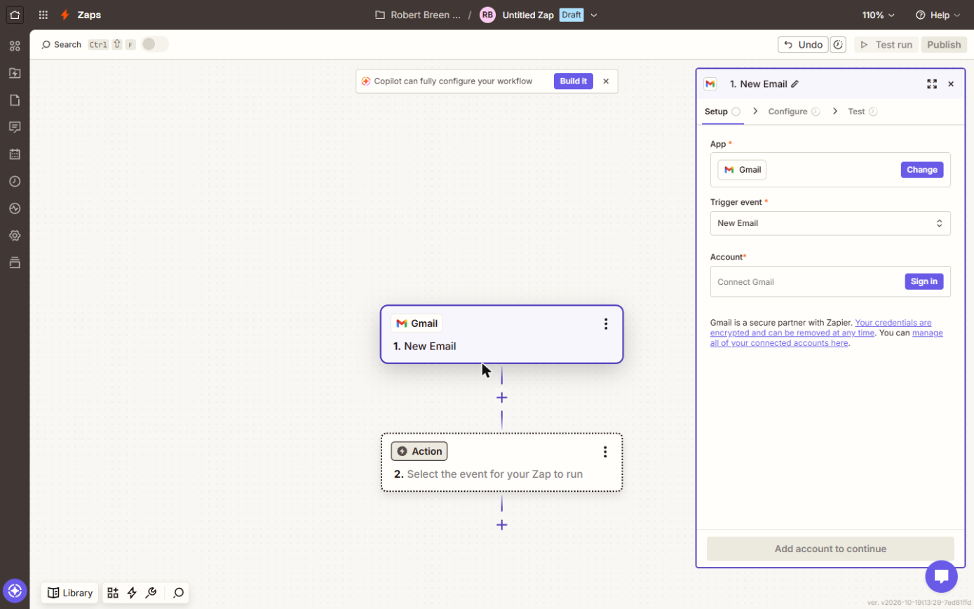 Zapier Gmail trigger set to New Email, with a Sign in button for the Gmail account