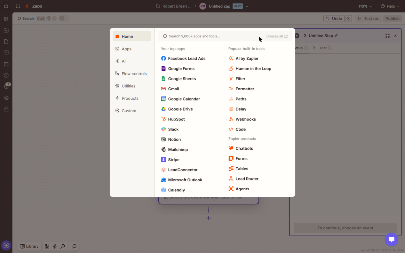 Zapier app picker for the action step with AI by Zapier among the built-in tools
