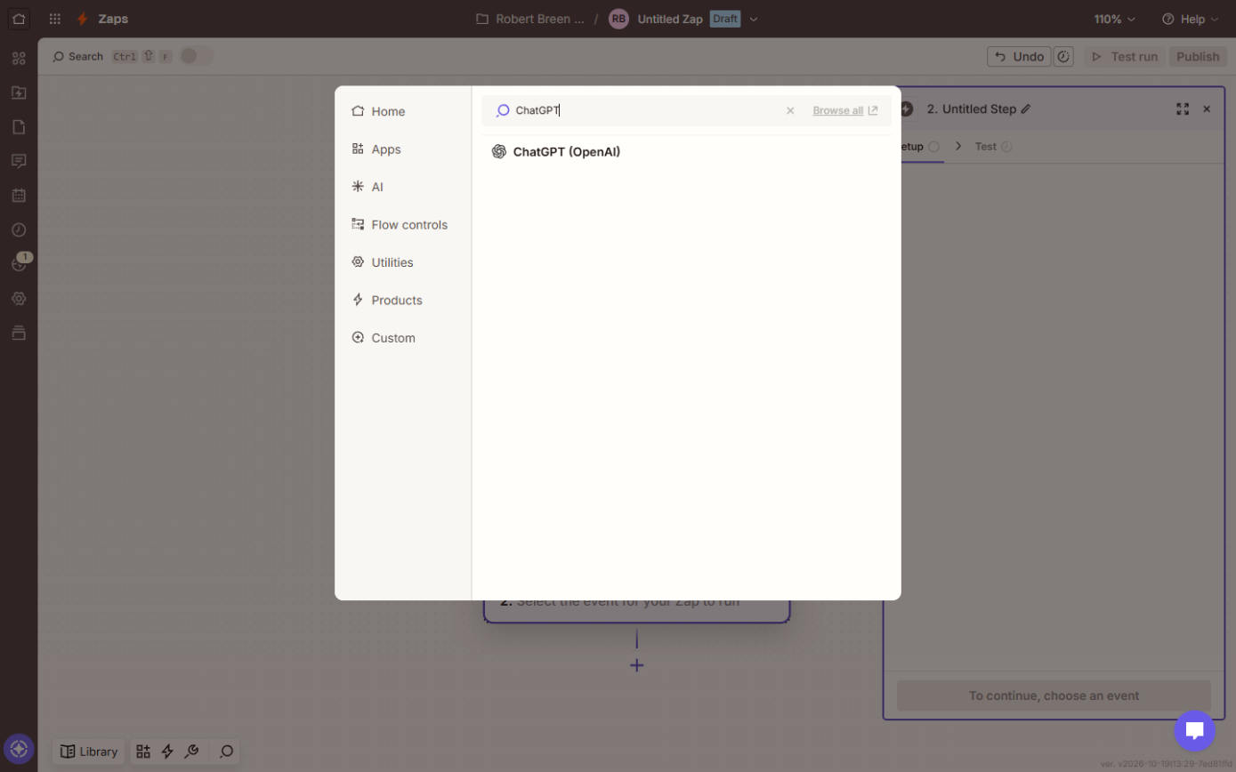 Zapier app search for ChatGPT with ChatGPT (OpenAI) as the result