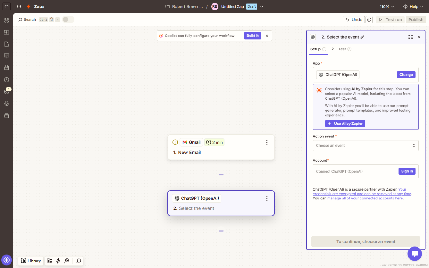 ChatGPT (OpenAI) action step in Zapier with a tip to consider AI by Zapier
