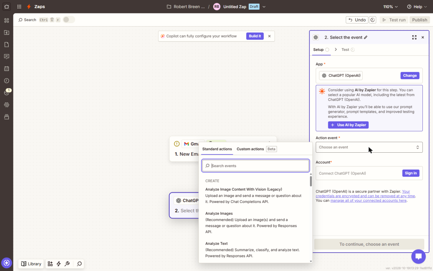 ChatGPT (OpenAI) action events in Zapier under Standard actions