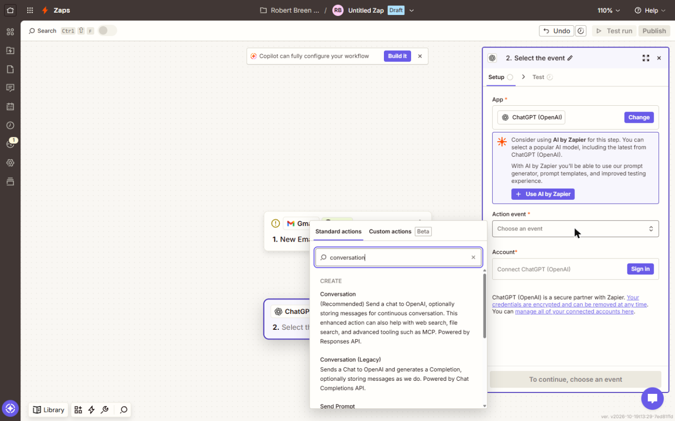 Zapier event search for conversation: ChatGPT Conversation (Recommended) and Conversation (Legacy)