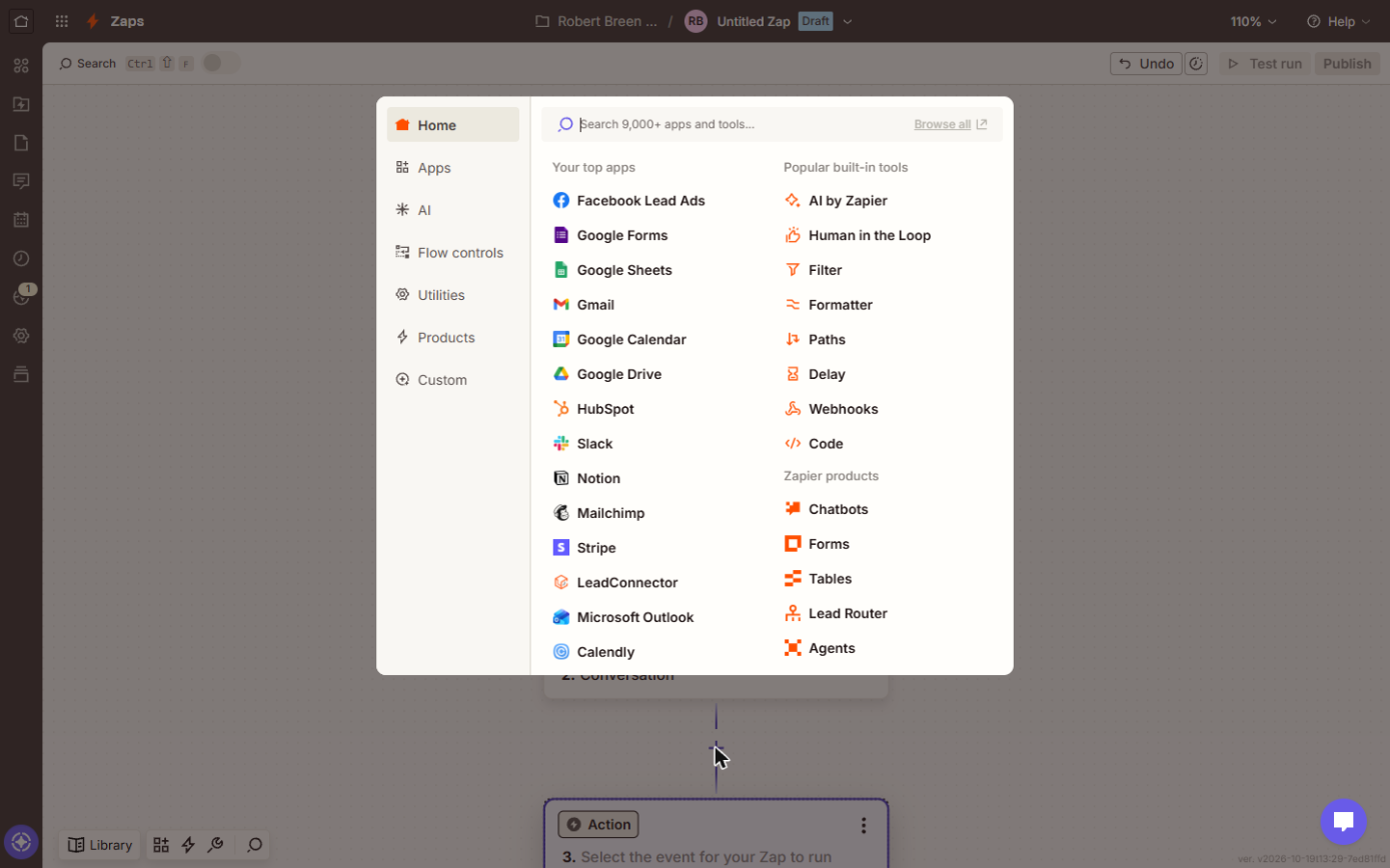 Zapier app picker for the third step