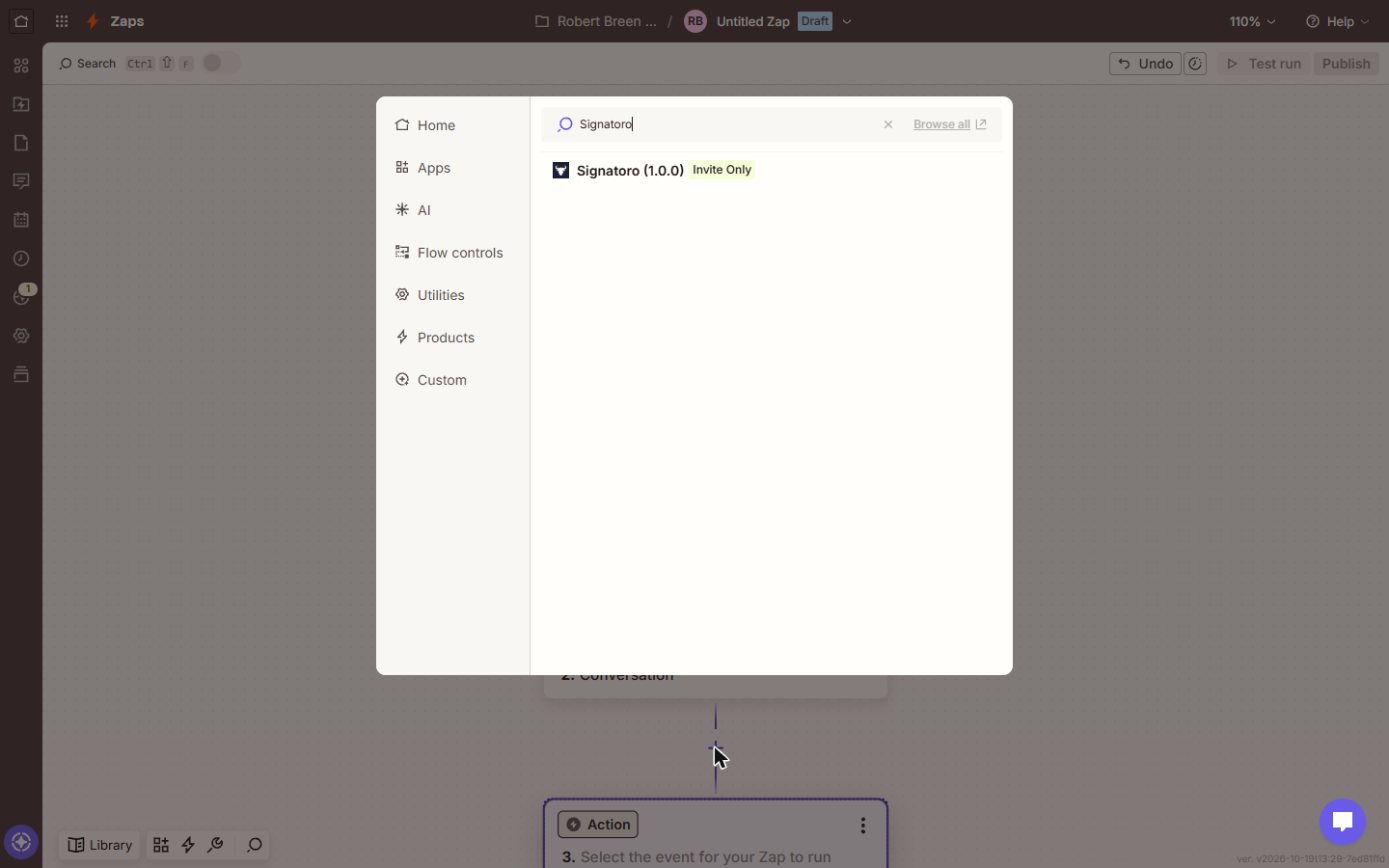 Zapier app search for Signatoro showing Signatoro (1.0.0) marked Invite Only