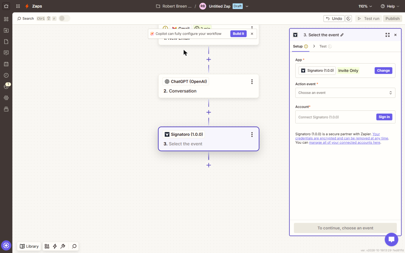 Signatoro (1.0.0) action step in Zapier, Invite Only