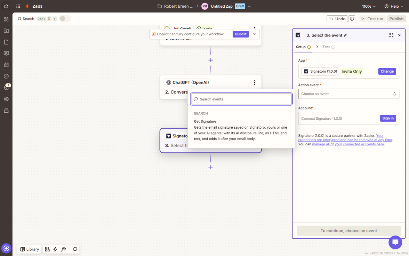 Signatoro Get Signature action in Zapier: gets the saved signature and adds it after your email body