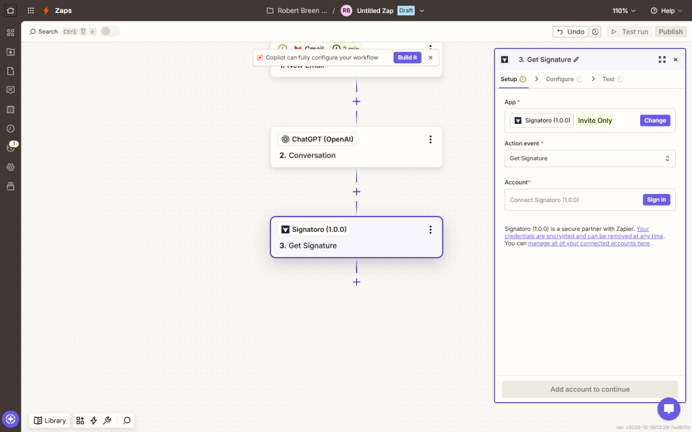 Zap with Gmail, ChatGPT Conversation and Signatoro Get Signature steps