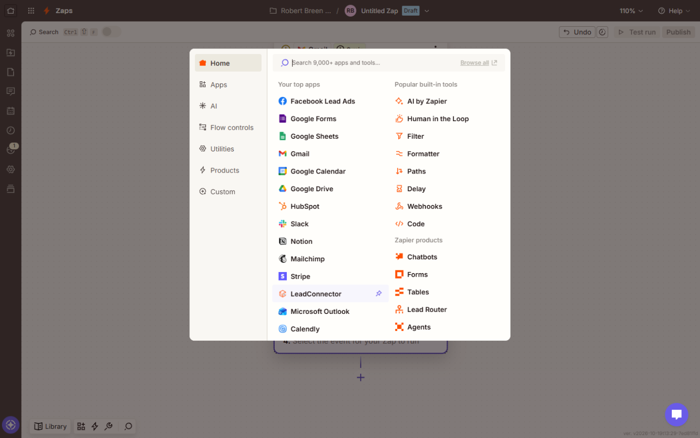 Zapier app picker for the fourth step