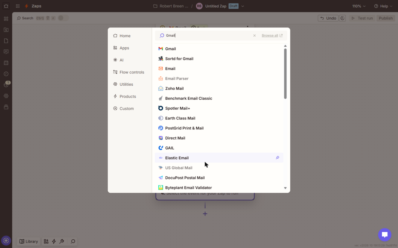 Zapier app search for Gmail for the fourth step