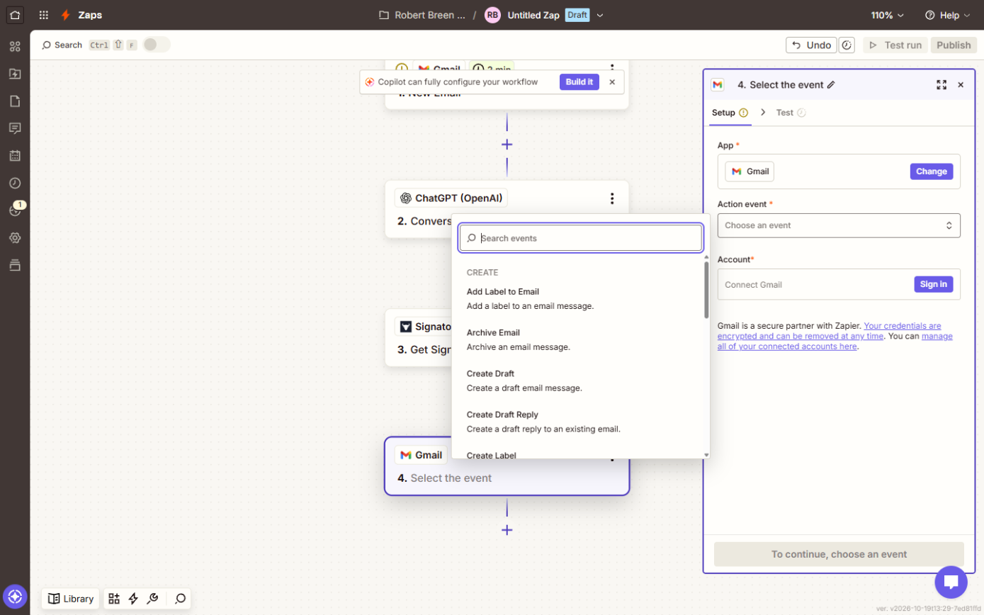 Gmail action events in Zapier including Create Draft and Create Draft Reply