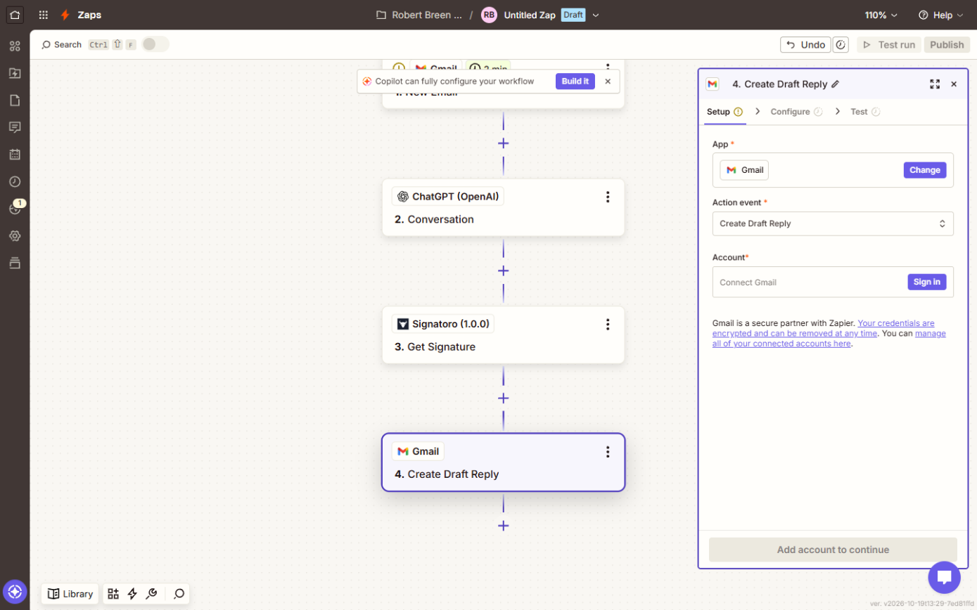 Finished four-step Zap: Gmail New Email, ChatGPT Conversation, Signatoro Get Signature, Gmail Create Draft Reply