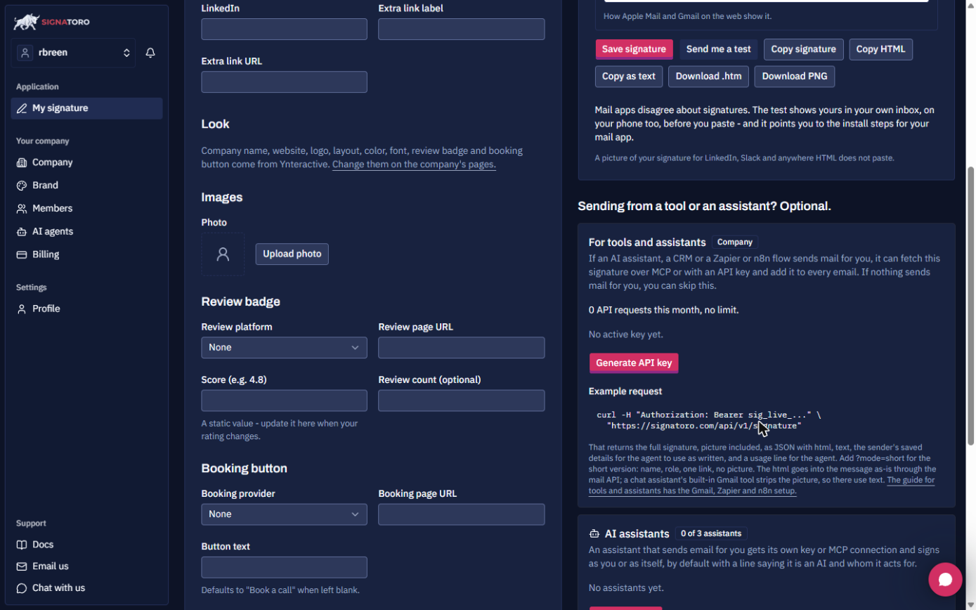 Signatoro For tools and assistants section with the Generate API key button