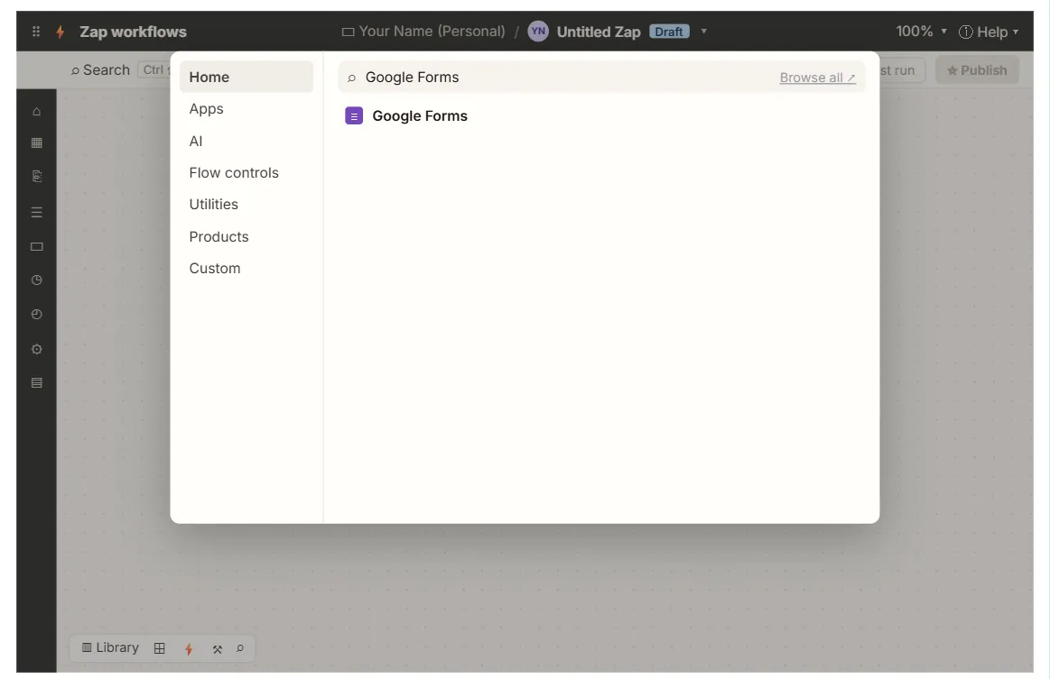 Zapier app picker with Google Forms found by search for a new Zap trigger