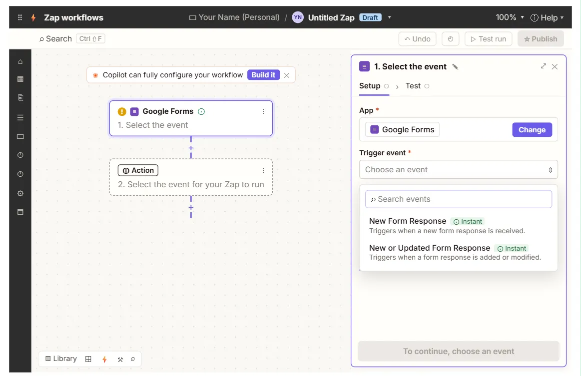 Zapier trigger setup with Google Forms selected and the New Form Response event option
