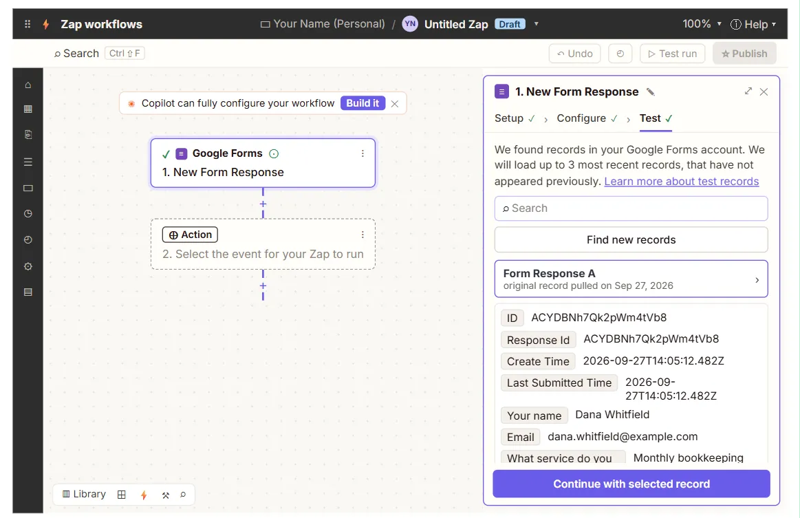 Zapier trigger test pulling a sample client inquiry from Google Forms with name, email and service