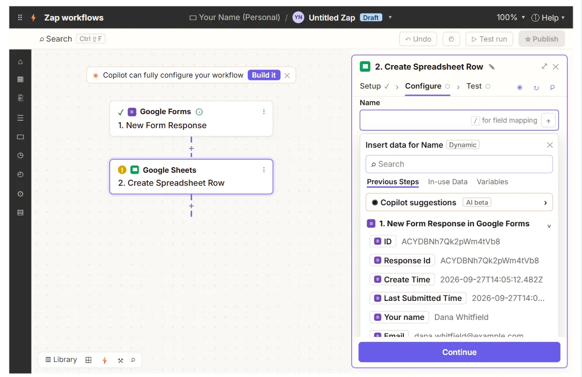 Zapier Create Spreadsheet Row step with the data picker showing Google Forms answers to map