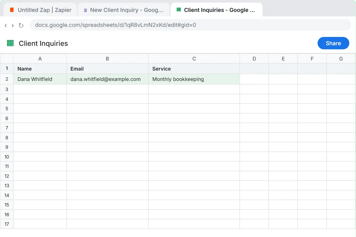 Google Sheet named Client Inquiries with a new client inquiry row added by the Zap
