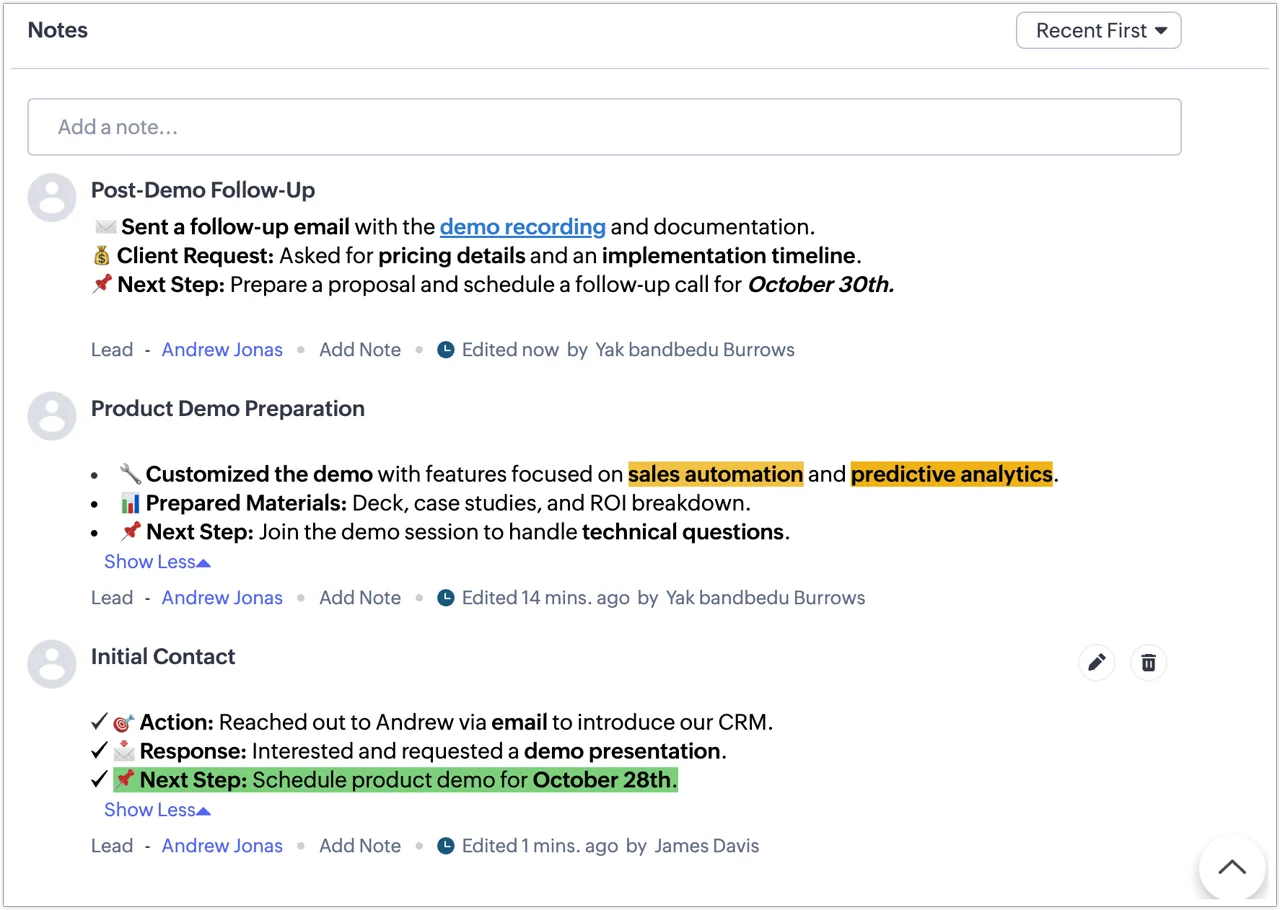 Zoho CRM Notes section on a lead with the Add a note box and three saved notes