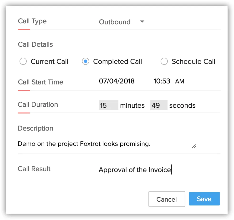 Zoho CRM call window with Completed Call selected, Call Duration, Description, Call Result and Save