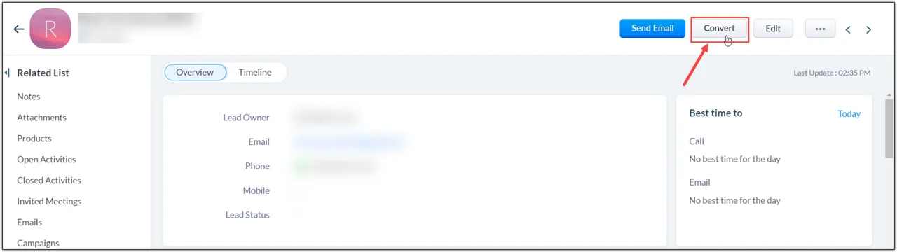 Zoho CRM lead details page with the Convert button highlighted next to Send Email and Edit