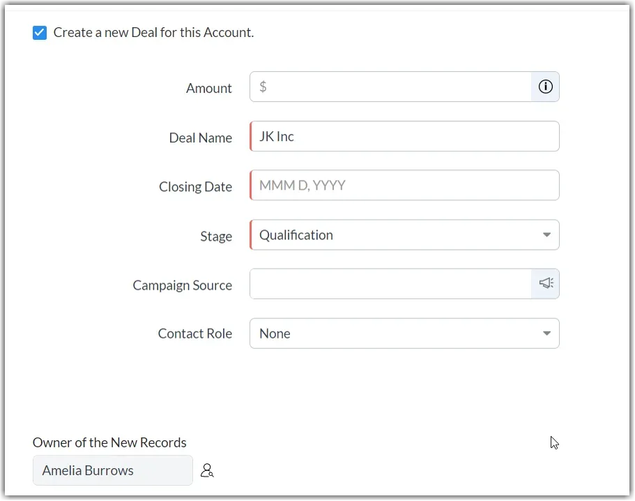 Zoho CRM Convert Lead deal fields: Amount, Deal Name, Closing Date, Stage, Campaign Source and Contact Role
