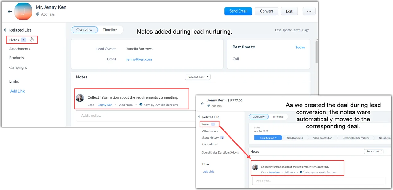 A note on a Zoho CRM lead, and the same note moved to the deal created on conversion
