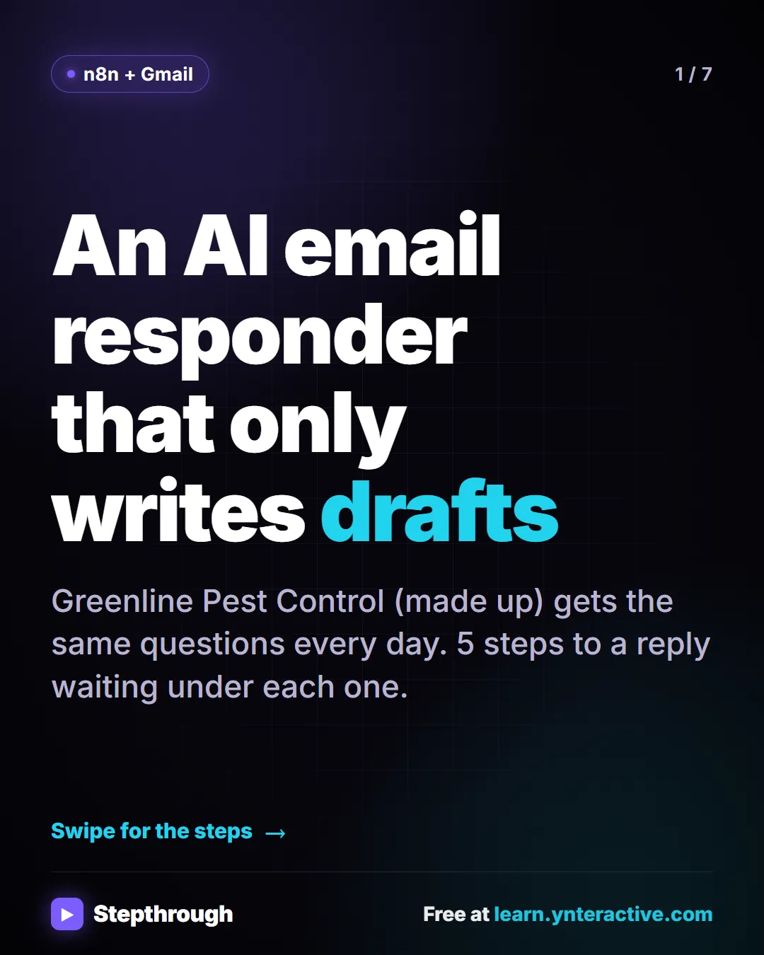 n8n + Gmail. An AI email responder that only writes drafts. Greenline Pest Control (made up) gets the same questions every day. 5 steps to a reply waiting under each one.