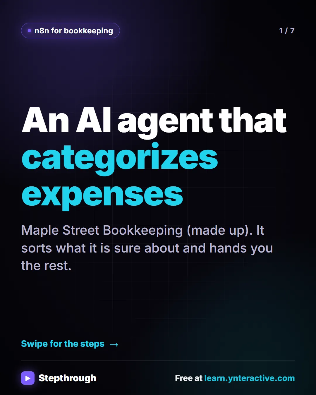 n8n for bookkeeping. An AI agent that categorizes expenses. Maple Street Bookkeeping (made up). It sorts what it is sure about and hands you the rest.