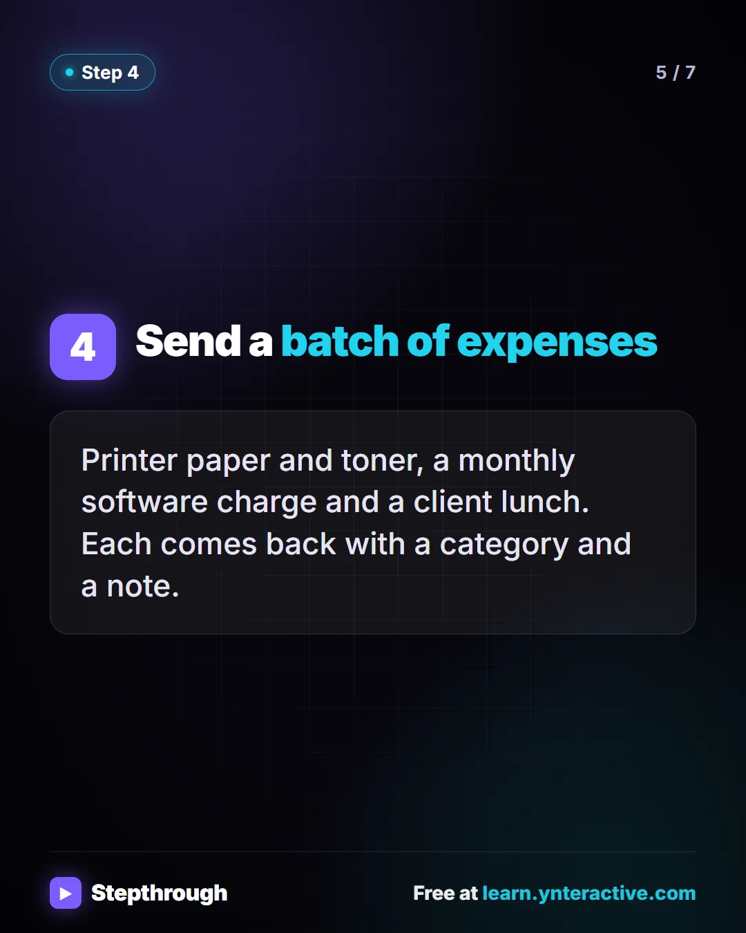 Step 4. Send a batch of expenses. Printer paper and toner, a monthly software charge and a client lunch. Each comes back with a category and a note.