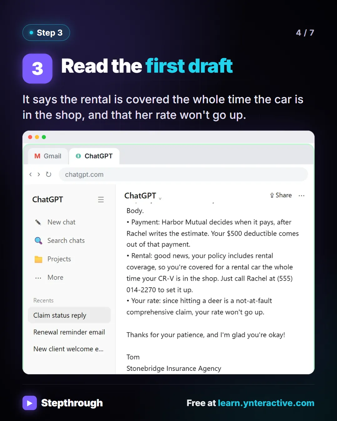 Step 3. Read the first draft. It says the rental is covered the whole time the car is in the shop, and that her rate won't go up. Screenshot: ChatGPT's first draft of the reply, which gets the inspection and payment answer right but says a rental is covered the whole time the car is in the shop and that the client's rate won't go up.