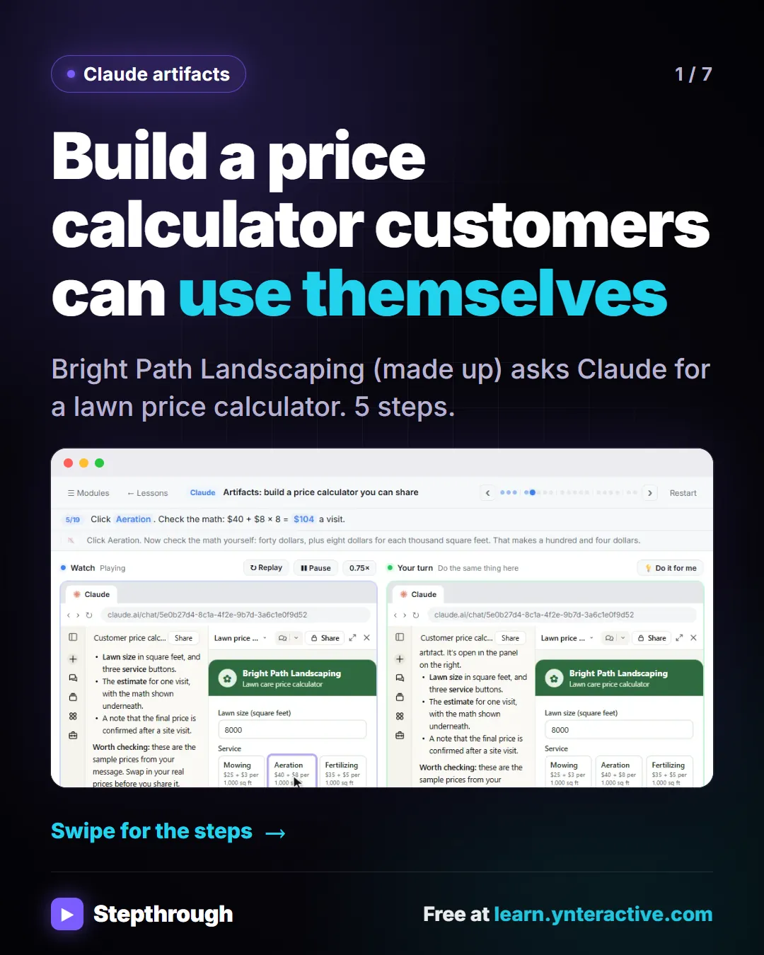 Claude artifacts. Build a price calculator customers can use themselves. Bright Path Landscaping (made up) asks Claude for a lawn price calculator. 5 steps. Screenshot: the calculator in Claude's artifact panel.