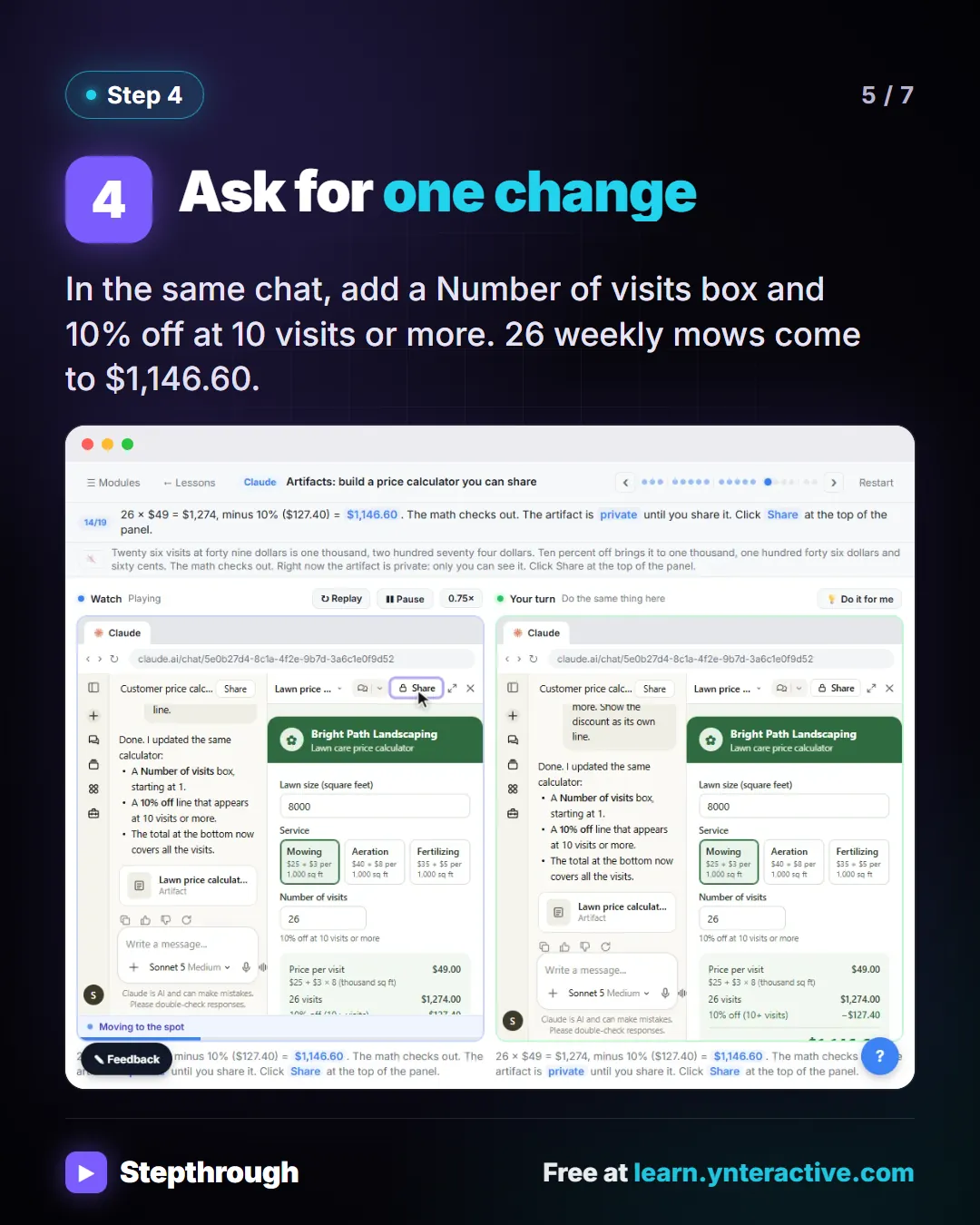 Step 4. Ask for one change. In the same chat, add a Number of visits box and 10 percent off at 10 visits or more. 26 weekly mows come to $1,146.60. Screenshot: the updated calculator with a visits box and the discount.