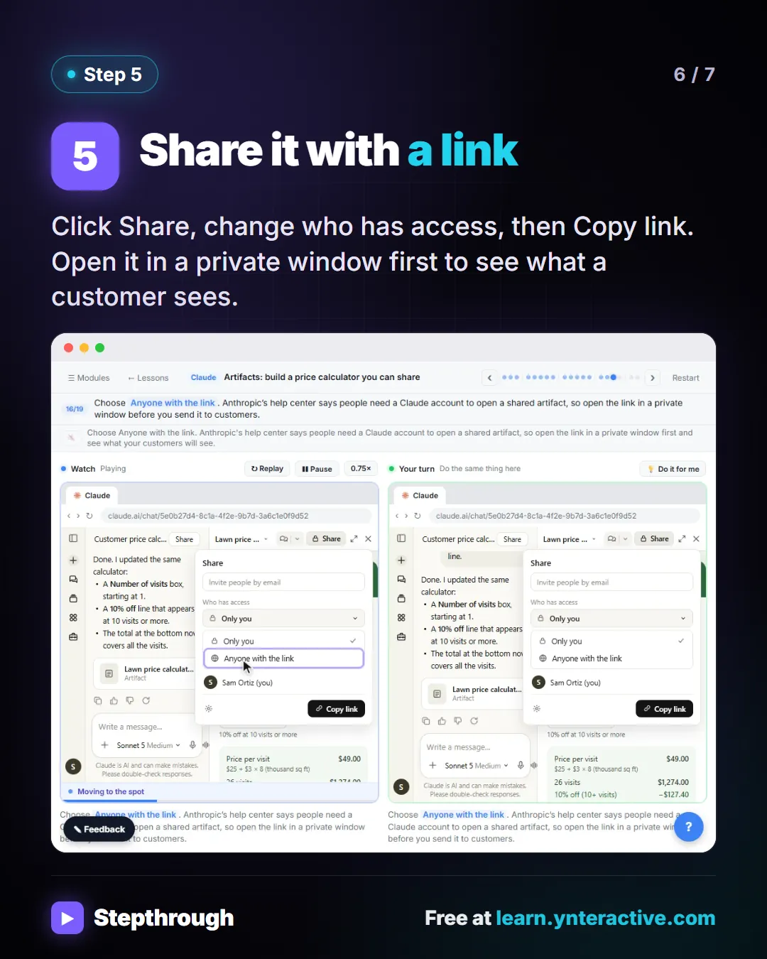 Step 5. Share it with a link. Click Share, change who has access, then Copy link. Open it in a private window first to see what a customer sees. Screenshot: the Share menu with access set to anyone with the link.