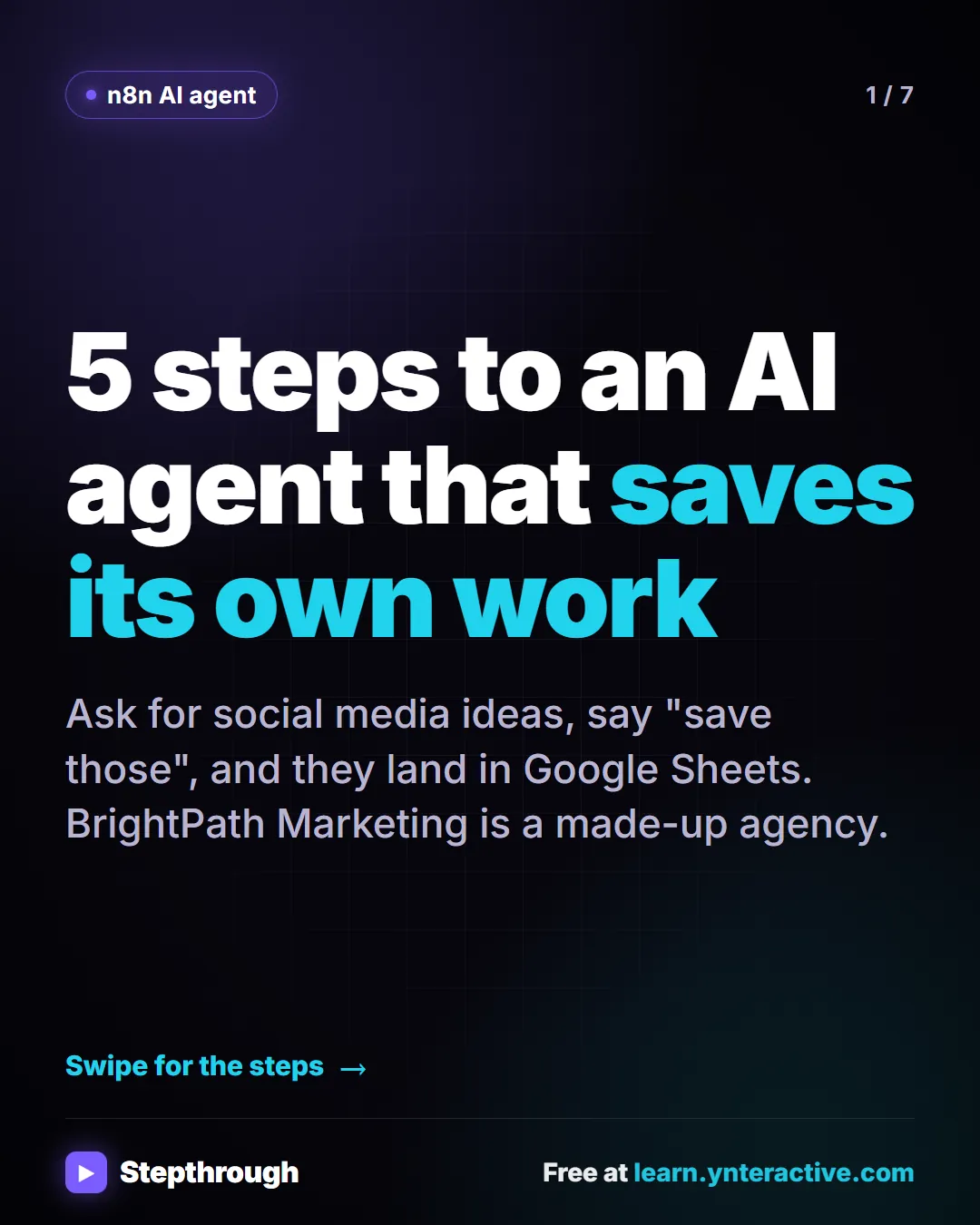 n8n AI agent. 5 steps to an AI agent that saves its own work. Ask for social media ideas, say "save those", and they land in Google Sheets. BrightPath Marketing is a made-up agency.
