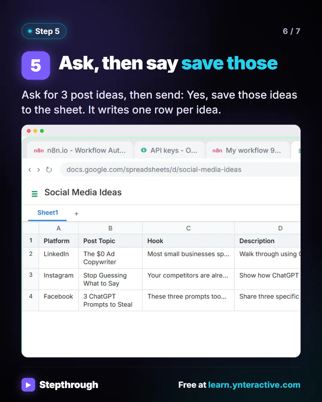 Step 5. Ask, then say save those. Ask for 3 post ideas, then send: Yes, save those ideas to the sheet. It writes one row per idea. Screenshot: Social Media Ideas sheet filled in by the agent: three LinkedIn, Instagram and Facebook post ideas with hooks.