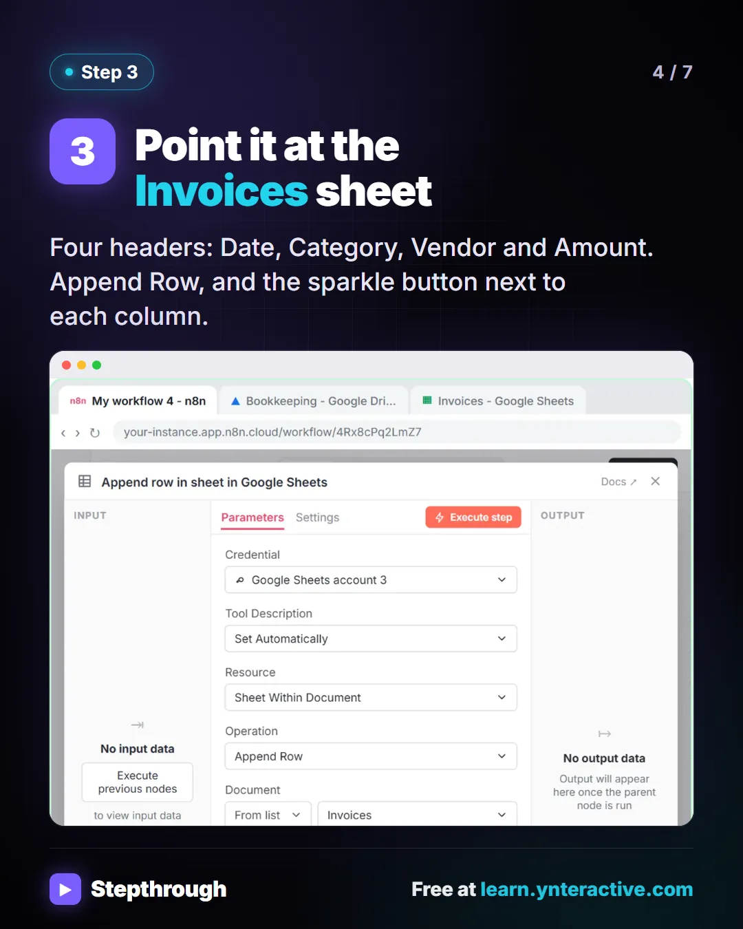 Step 3. Point it at the Invoices sheet. Four headers: Date, Category, Vendor and Amount. Append Row, and the sparkle button next to each column. Screenshot: n8n Google Sheets tool set to append rows to the Invoices sheet, mapping each column manually.